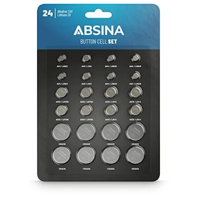 Immagine di ABSINA 24 batterie a bottone miste alcaline e litio 2x AG1, AG3, 4x AG4, AG10, AG13, CR2016, CR2025, CR2032 Pile da 1,5V 3V orologio, piccole rotonde