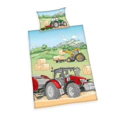 Immagine di Herding Set Biancheria da Letto con Trattore, MADE IN GREEN by OEKO TEX, Federa 40 x 60 cm, Copripiumino 140 200 cm Cerniera Scorrevole di Qualità, 100% Cotone Renforcé