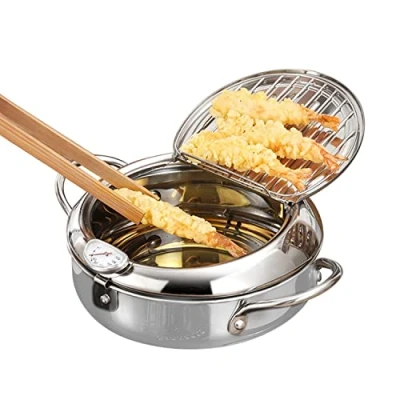 Immagine di Pentola per Friggere,Friggitrice Tempura in Acciaio Inossidabile 304,Pentola friggitrice Giapponese,Coppa Olio con Termometro e Coperchio della Griglia Antigoccia