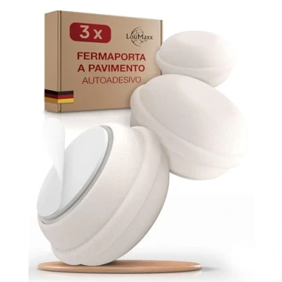 Immagine di LouMaxx fermaporta con fondo autoadesivo in gomma, set da 3 pezzi, colore bianco, gomma a forma di macaron, sul pavimento, protezione perfetta contro le porte che si battono