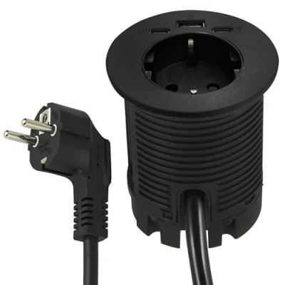 Immagine di Electraline 62588 Multipresa Scrivania/Presa da Incasso Grommet Tavolo con Power Delivery 25W 2 USB (1 di tipo C+ 1 A) + HUB C 2M, D60mm, Presa Schuko Spina