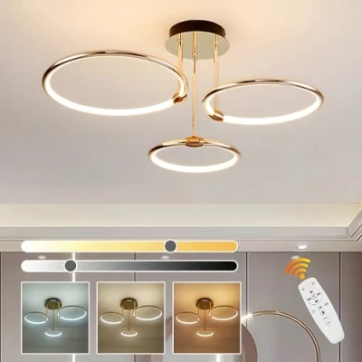Immagine di 3 Anelli Rotondi Design Oro LED Plafoniera, Lampadario Ø56cm 60W Dimmerabile Continuo, Pendente Placcato In Metallo Creativo, Lampada Moderna Per Soggiorno Camera Letto Studio Ufficio