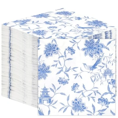 Immagine di Talking Tables 100 x Confezione sfusa di tovaglioli carta morbidi blu Chinoiserie per compleanni, matrimoni, Natale, catering, stoviglie, monouso, riciclabili, realizzati in UE, 2 strati, 33 cm