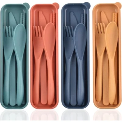 Immagine di set di posate da viaggio con custodia, in plastica portatile riutilizzabile coltello forchetta cucchiaio bacchette utensili campeggio (4 set)