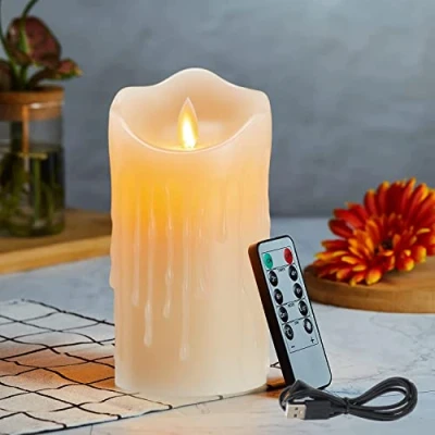 Immagine di Candele LED, Flickering Flameless Candele, a Ricaricabile, con Telecomando 10 Tasti, Fiamma Danzante,con Gocce di Cera,Realizzato in Vera Paraffina,Funzione Timer 24 ore 12.5cm Ivory
