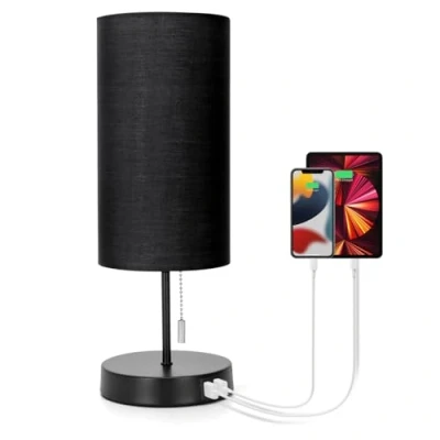 Immagine di Aigostar Lampada da Comodino con 2 Porte di Ricarica USB, Tavolo E27 Interruttore a Tirare, Base in Metallo, Scrivania per Soggiorno, Camera letto, Ufficio Nero