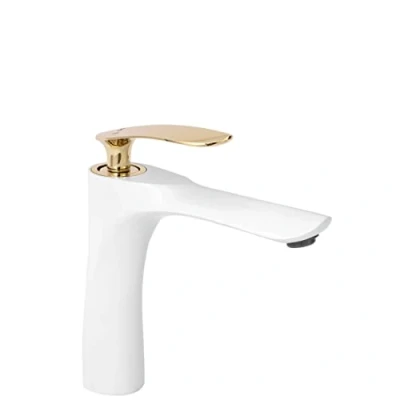 Immagine di Rea ORBIT RUBINETTO per LAVABO BASSO in ORO BIANCO Miscelatore da bagno ottone monocomando acqua calda e fredda regolabile (Bianco/Oro)