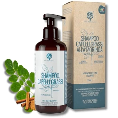Immagine di Shampoo seboregolatore Capelli Grassi BIO Deterge in profondità e ristabilisce pH cute grassa 99,5% Naturale, NO SLS, ASL Con Moringa, Malva, Cannella RedMoringa 250ml