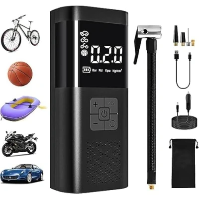 Immagine di Compressore d&#039;Aria Portatile con Display LCD, Pompa Elettrica Ricaricabile per Auto, Bici, Moto, Accessori,Gonfiatore Bici Elettrico Sensore Pressione, Schermo Luce LED, 6000mAh 150PSI