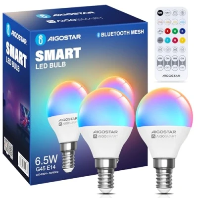 Immagine di Aigostar Mesh Lampadine Alexa Bluetooth 6.5W G45, Lampadina Smart Works with Alexa, E14 LED 555LM RGB &amp; 2700K 6500K, 2 Unità (Con Telecomando Bluetooth)