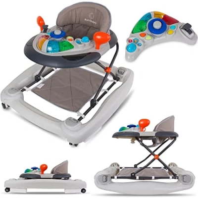 Immagine di Girello bambino, primi passi,con funzione swing, luce and Melodia, da 6 Mesi Fino a 12 kg, Seduta Imbottita, Rimovibile e Regolabile in Altezza (Grigio)