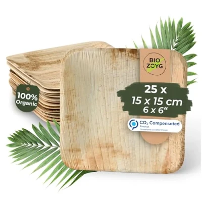 Immagine di BIOZOYG 25x Piatti in foglia di palma 15 x cm monouso compostabili e naturali Stoviglie per feste quadrate