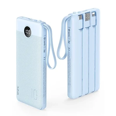 Immagine di VRURC Power Bank 10000mAh con 4 Cavi integrati Caricatore Portatile USB C Batteria Esterna LED Digitale Display uscite &amp; 2 Ingressi Compatibile iPhone Huawei e Smartphone Blu