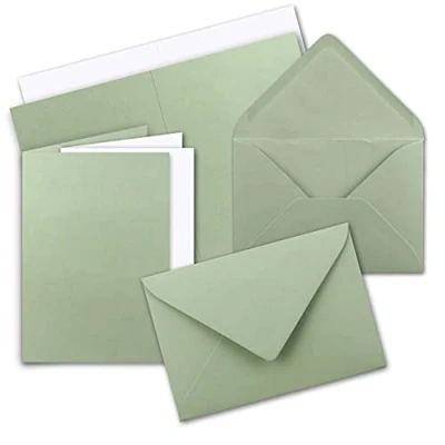 Immagine di FarbenFroh by GUSTAV NEUSER Set di 10 biglietti pieghevoli, formato DIN A5, in verde eucalipto, con buste C5 e fogli coordinati bianco, 14,8 x 21 cm