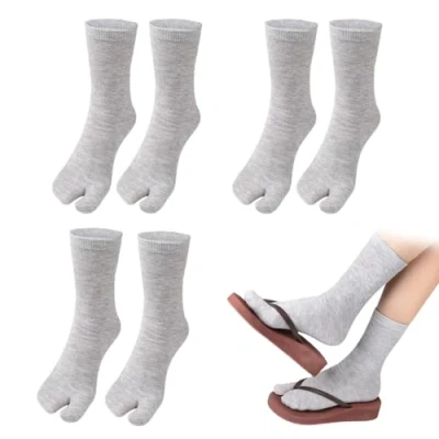 Immagine di SamHeng Unisex Tabi Flip Flop Socks Japanese Geta 3 Paia Cotone Split Toe Elastico per Donne e Uomini (Grigio)