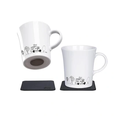 Immagine di Silwy® Set di 2 tazze magnetiche in porcellana, con cuscinetti gel nano metallo, colore nero, antiscivolo, per campeggio e caravanning, accessori barche yacht