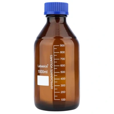 Immagine di Labasics Bottiglie di Stoccaggio per Reagenti, 1 Confezione Tonde Graduate in Vetro Ambrato con Tappo a Vite Blu Reagenti da Laboratorio, 1000 ml