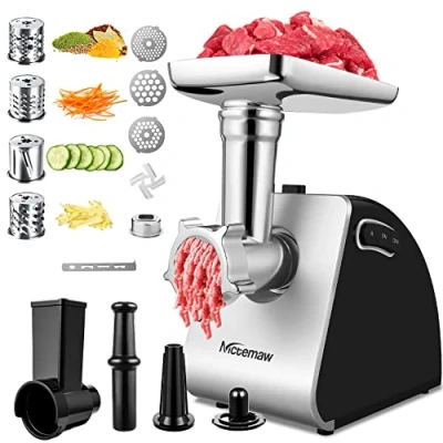 Immagine di Nictemaw Tritacarne Elettrico 2000W, Robot da Cucina con 3 Dischi Forati, 4 Lame a Cono, accessorio per biscotti Ideale Salsicce e Carne Macinata