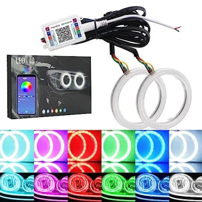Immagine di Qasim 1 Paio da LED COB Fari Angel Eyes RGB Halo Rings per Auto Moto DRL Spia Faro con Coperchio Controllo dell&#039;APP Mobile Bluetooth 12V DC 90MM 90SMD