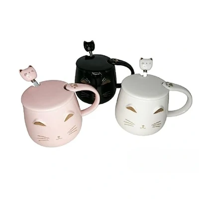Immagine di lachineuse Set di 3 tazze gatto Kawaii 450 ml Tazza con coperchio e cucchiaio, colore: nero, bianco rosa in ceramica per infusione, tè, caffè originale idea regalo Giappone