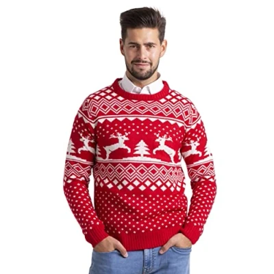 Immagine di BlauerHafen Maglione natalizio da uomo, a maniche lunghe, con scollo rotondo, fatto maglia, natalizio, Colore: rosso, M