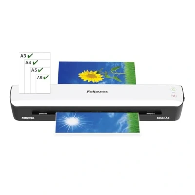 Immagine di Fellowes Plastificatrice Sola A3, Formato Fino a 125 Micron, Uso Domestico, con Leva di Sblocco e Modalità Riposo, Riscaldamento in 4 Minuti, Colore Bianco [ESCLUSIVA AMAZON]