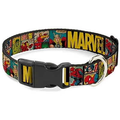 Immagine di Collare per cani con clip in plastica, stile retrò, pannelli a fumetti, colore nero e giallo, da 15,2 22,9 cm, 1,3 cm di larghezza