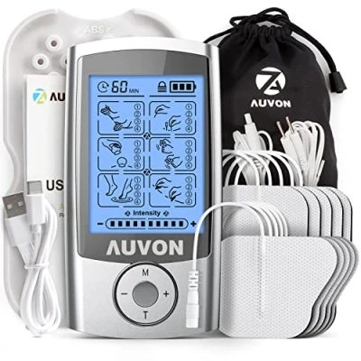 Immagine di AUVON TENS Professionale Elettrostimolatore Muscolare, Dispositivo di EMS ricaricabile con 24 Modalità, 2 canali e 10 elettrodi alta qualità da 2&quot;x2&quot;, per alleviare dolore su schiena, collo
