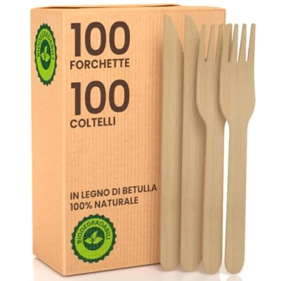 Immagine di Kit Posate Ecologiche in Legno di Betulla 100 Forchette + Coltelli Monouso 100% Naturali Biodegradabili e Compostabili Usa Getta