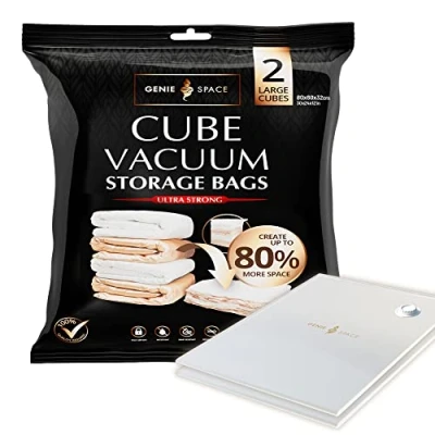 Immagine di GENIE space Incredibly Strong Premium Cube Saving Vacuum Bags Airtight &amp; Reusable Create 80% more For Clothes, Towels, Bedding, Duvets and more. (Grande (2pz))
