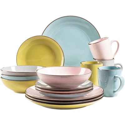 Immagine di MÄSER 931726 Metallic Rim, set di stoviglie moderne per 4 persone, con bordo in ottone, servizio combinato da 16 pezzi, forme coupe senza bordi, colorato, gres