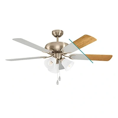 Immagine di Eglo ventilatore da soffitto Las Palmas, a cinque pale con luce, reversibili in legno laminato bianco o argento, corpo acciaio nichel satinato, motore AC, Ø 132cm