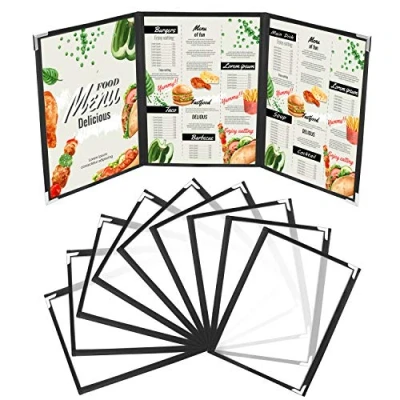 Immagine di Kurtzy Porta Brochure A4 (10pz) Menu Ristorante a 3 Sezioni Double Face Stile Americano Espositore Nero e Trasparente con Protezione Angoli Listino Ristoranti, Bar, Cibo Bevande