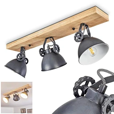 Immagine di lampada da soffitto Svanfolk, in metallo/legno blu grigio/natura, 3 luci, con faretti orientabili, x attacco E14, design retro/vintage, senza lampadina/e