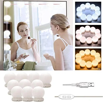 Immagine di Luci di Specchio Vanità, Kit per Stile Hollywood Trucco, 10 Lampadine LED Dimmerabili a Cosmetico con USB, Illuminazione Livelli Luminosità e 3 Modalità, non Incluso USB