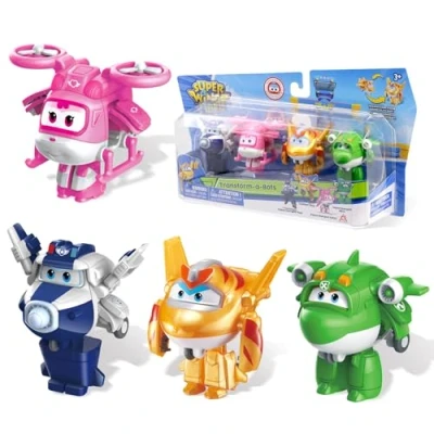 Immagine di Super Wings 2 Transform a Bot Confezione da 4 Figure (Supercharged Golden Boy, Paul, Dizzy, Mira) Mini Aereo Giocattolo con Personaggi Azione Regalo Compleanno per Bambini 3 5 Anni