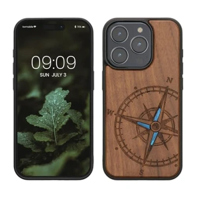 Immagine di kwmobile Custodia Compatibile con iPhone 15 Pro Cover Back Case in Legno Bumper Silicone TPU Bussola Vintage Madreperla marrone scuro