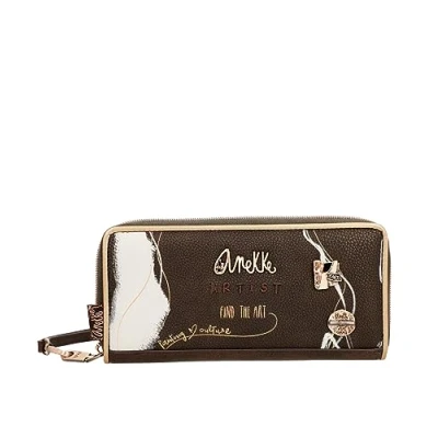Immagine di Anekke Portafoglio grande da donna Protezione RFID in ecopelle con manico a mano e cerniera Colore marrone Shōen Misure 20x10x2cm, multicolore