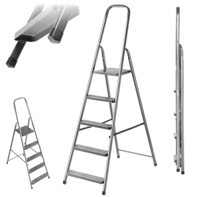 Immagine di KADAX scala a gradini in acciaio, pieghevole, con piedini antiscivolo, unilaterale ripiano, pioli, acciaio (5 livelli)