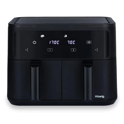 Immagine di H.Koenig Airfryer Friggitrice senza olio, 2 vasche XXL FRY900, doppia capacità 9L, regolabile 80 200C, 5 modalità di cottura, timer 60 minuti, 8 programmi, touch screen