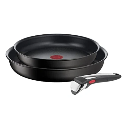 Immagine di Tefal Ingenio Unlimited On Set di 2 padelle + manico estraibile: da 22 e 26 cm, intercambiabile, antiaderenti, rivestimento titanio, Thermo Signal, colore: Nero