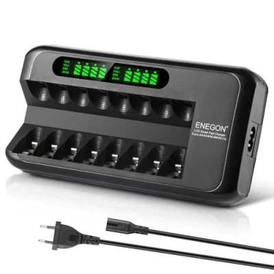 Immagine di ENEGON Caricatore a batteria veloce con adattatore CA e display LCD intelligente, 8 cariche indipendenti per batterie NI MH CD ricaricabili AA AAA