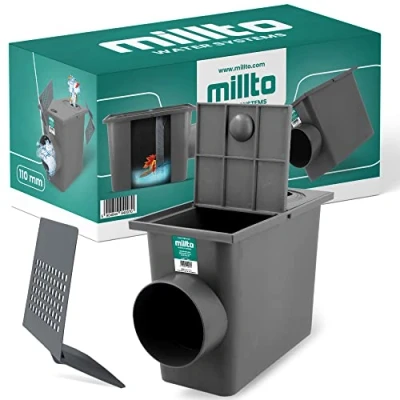 Immagine di Millto™ Pozzetto per Pluviale 110 mm Grigio Scarico Laterale Filtro Tubo Acqua Piovana Scatola Grondaia Cassetta Pioggia Polipropilene