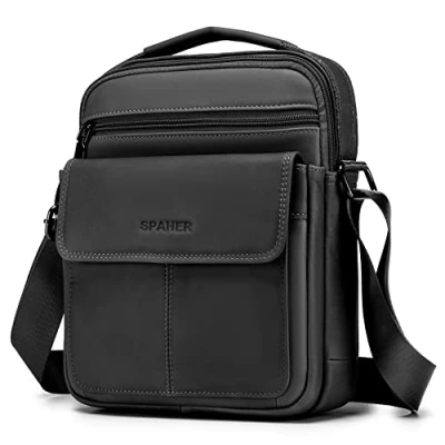 Immagine di SPAHER Grande Borsa Uomo a Tracolla in Vera Pelle, Borsetta Spalla Multitasche, Crossbody Messenger