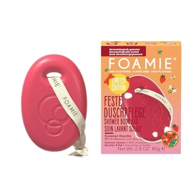 Immagine di Foamie cura doccia solida Berry Basilicious Profumo fruttato fresco con fragola e basilico 3 in 1: pulisce, massaggia pH delicato sulla pelle senza plastica, ideale per pelli sensibili