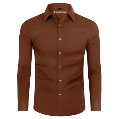 Immagine di DEMEANOR Camicia da uomo elasticizzata, a maniche lunghe, per il tempo libero, slim fit, uomo, lavoro, non necessita di stiratura, marrone, L