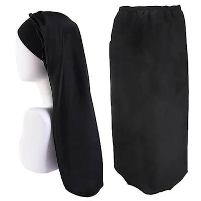 Immagine di LABUYI 1 Pezzo Cuffia Seta Capelli Ricci,Cuffia di Seta,Cappellino Lungo in Raso,Cuffia per Ricci Notte,Cuffia da Notte,Cappello Notte(Nero)