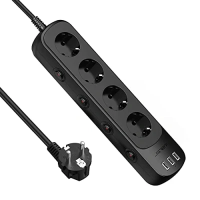 Immagine di JSVER Multipresa USB Ciabatta 4 Prese con 3 USB, Presa Multipla Interruttore Individuale, a Parete per Ufficio, Casa o Viaggio Cavo 2m (Nero)