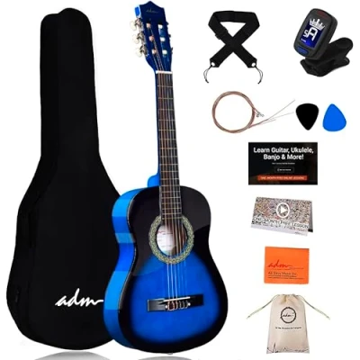 Immagine di ADM Kit chitarra classica 1/2 per bambini, 86,4 cm, set principianti con custodia, accordatore a clip, cinghia, plettri, corde extra, custodia e panno la pulizia (blu pesca)