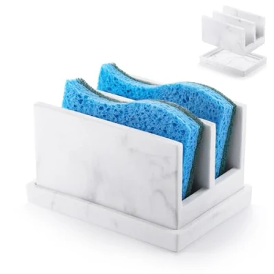 Immagine di Luxspire Supporto per Spugna da Cucina Lavello, Porta in Resina con 2 Scomparti, Contenitore Lavello Cucina, Vassoio di Drenaggio, Ghiaia Bianco